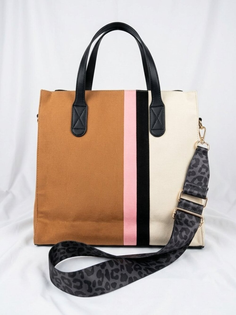 Erin Condren Colorblock Canvas Crossbody Tote Leopard Strap 13" Laptop Bag